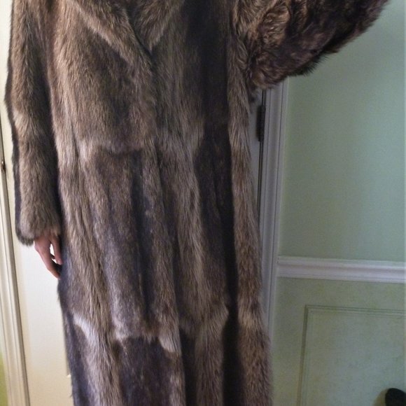 Long Racoon Real Fur Long Coat L Women Brown Gray USA Slit Ear Muffs Set - Picture 6 of 15